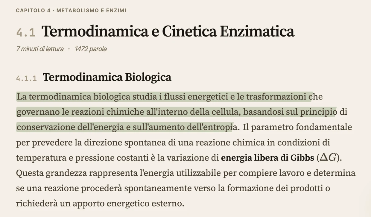 Una pagina del manuale ricostruito da Arianna: capitolo 4, Termodinamica e cinetica enzimatica, sette minuti di lettura, con il primo paragrafo evidenziato.