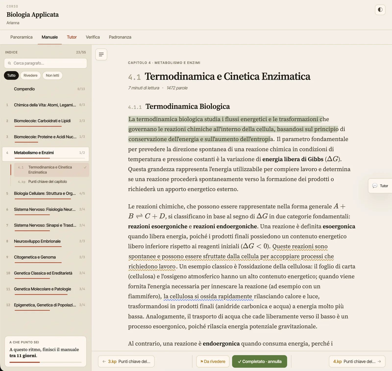 Il reader di Arianna: il manuale del corso di Biologia applicata, con indice, avanzamento per capitolo e tutor a lato.